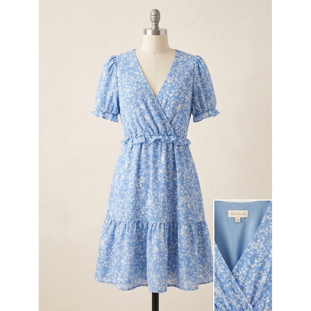 Altar'd State Blue Floral Mini Dress V-Neck Puff Sleeve Ruffle Tiered Medium